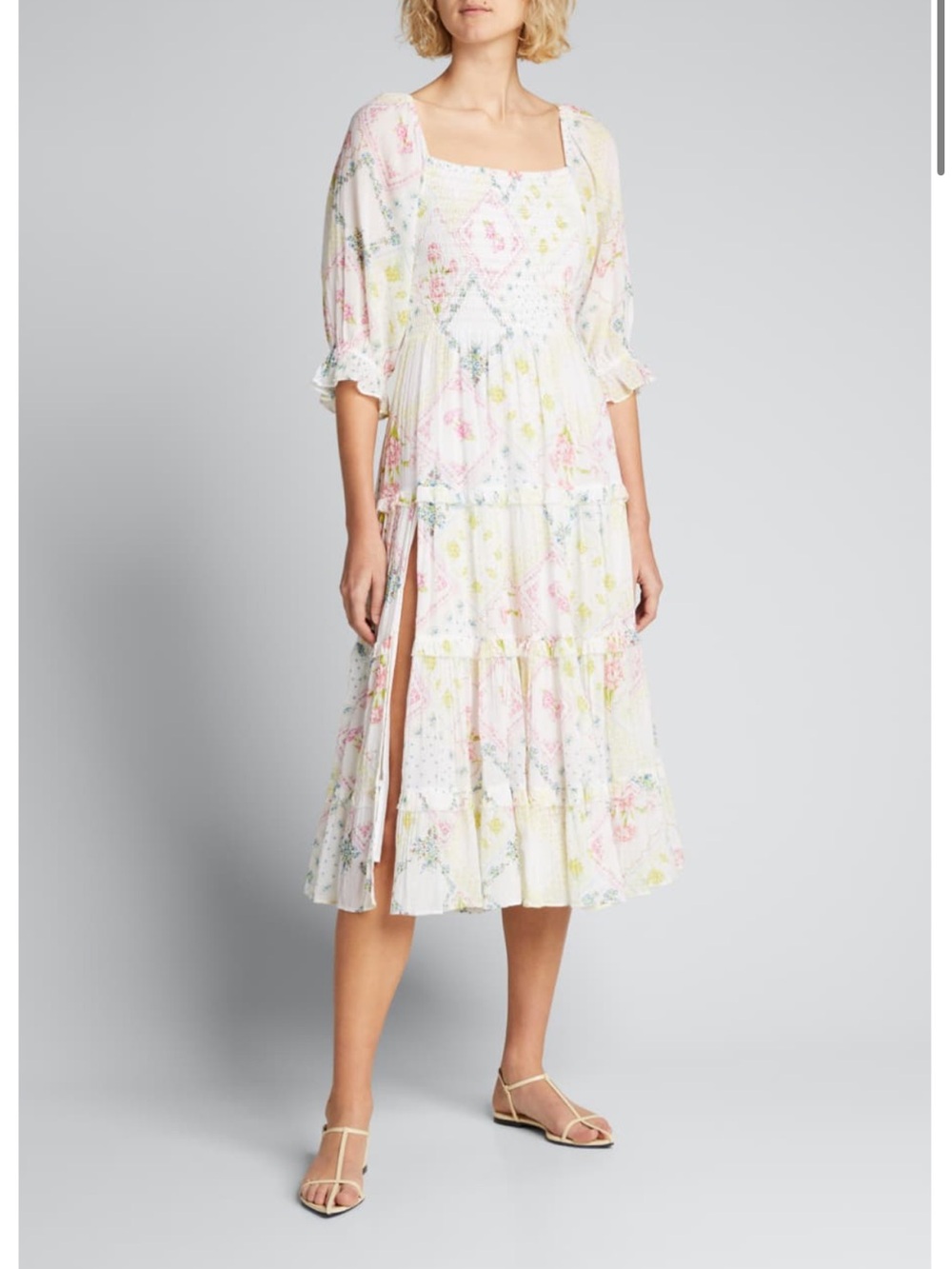 LoveShackFancy Capri Boho smocked Floral Tiered Midi Dress Size L